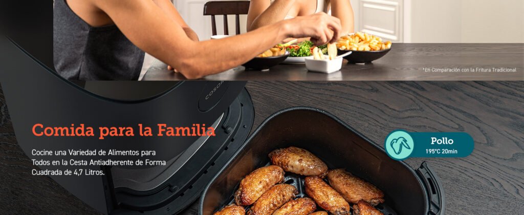 Freidora de aire COSORI L501 ideal para familias, con cesta antiadherente cuadrada de 4,7 litros y alitas de pollo cocinadas a 195 °C durante 20 minutos