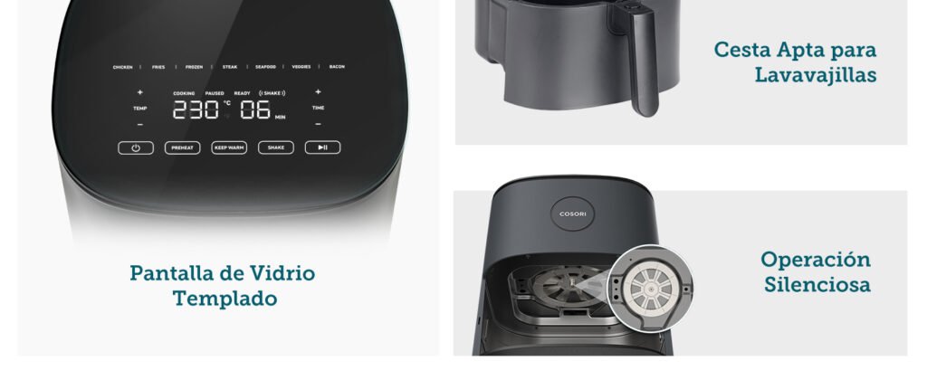 Freidora de aire COSORI L501 con pantalla de vidrio templado, cesta apta para lavavajillas y funcionamiento silencioso con ventilador potente