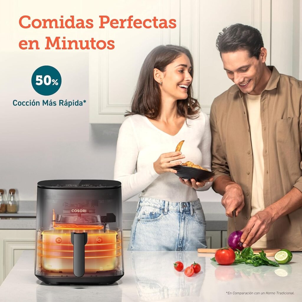 Pareja cocinando en cocina moderna junto a la freidora COSORI L501 con sistema de cocción rápida y eficiente hasta un 50% más rápido