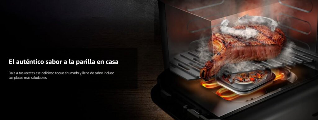 Interior de la freidora de aire Cecotec Smokin'Heat 4000 con parrilla y generador de humo, ideal para dar sabor a la parrilla en casa