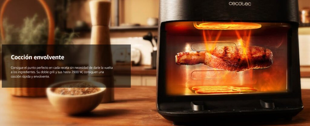 Freidora Cecotec Smokin'Heat 4000 mostrando cocción envolvente con doble resistencia y calor uniforme a 2900 W para asar sin girar los alimentos