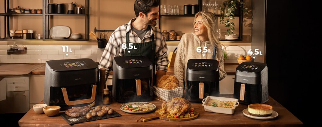 Comparativa de tamaños de freidoras Cecotec Smokin'Heat con capacidades de 11L, 8,5L, 6,5L y 4,5L, ideales para diferentes necesidades en la cocina