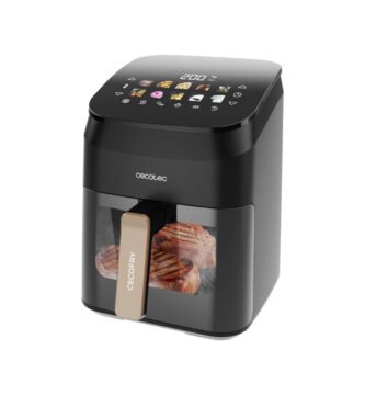 alt="Freidora de aire Cecotec Cecofry & Grill Smokin'Heat 4000 con ventana frontal, pantalla táctil y diseño compacto en color negro con detalles dorados