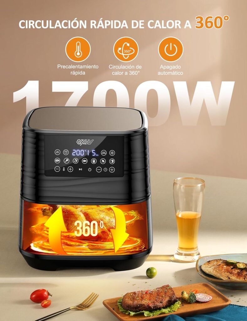 Freidora de aire Innsky con circulación de calor a 360 grados y potencia de 1700W para un cocinado uniforme y rápido