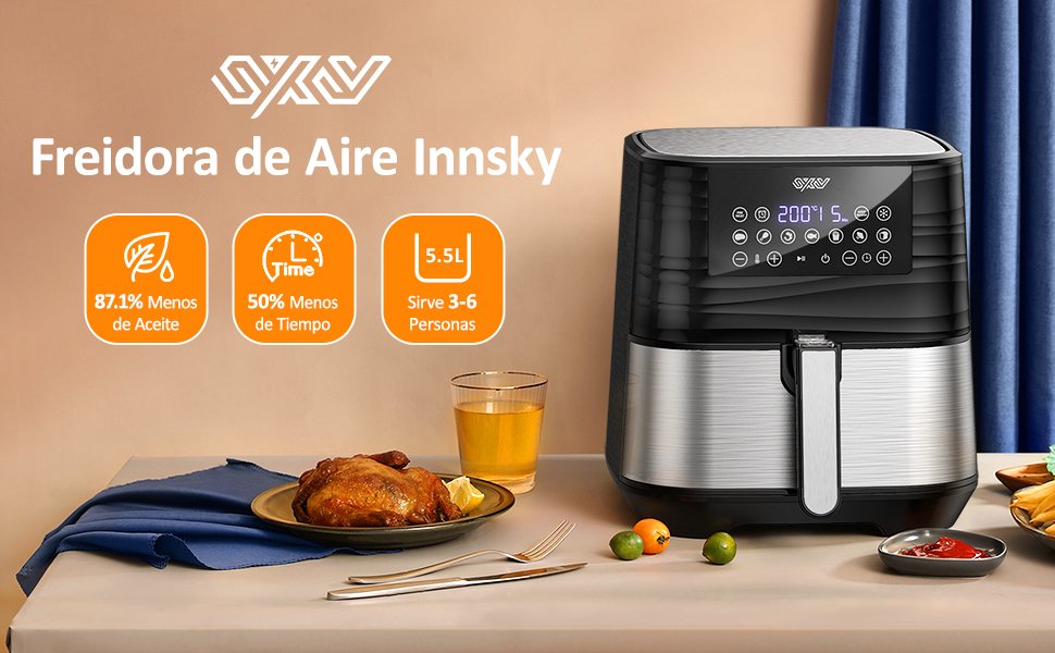 Freidora de aire Innsky IS-EE004 con beneficios destacados: 87,1% menos de aceite, 50% menos de tiempo y capacidad para 3-6 personas