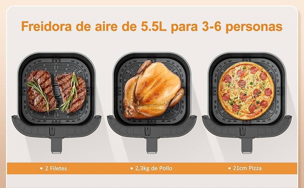 Capacidad de la freidora de aire Innsky de 5,5L: puede cocinar 2 filetes, un pollo de 2,3 kg o una pizza de 21 cm