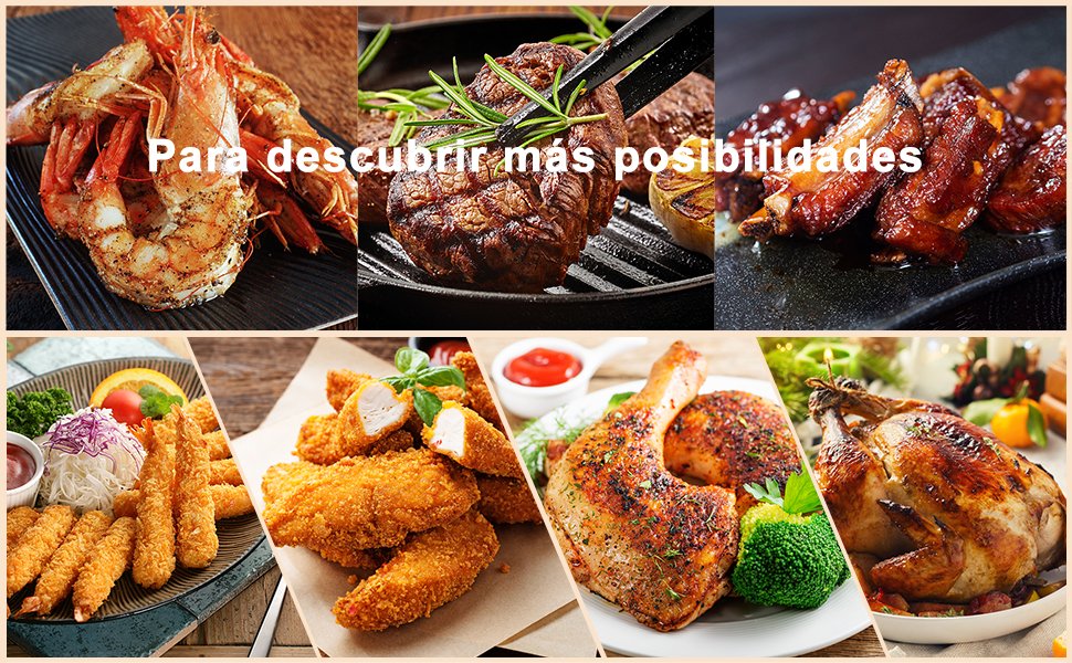 Ejemplos de platos cocinados con la freidora de aire Innsky IS-EE004: mariscos, carnes, pollo, y fritos crujientes sin aceite
